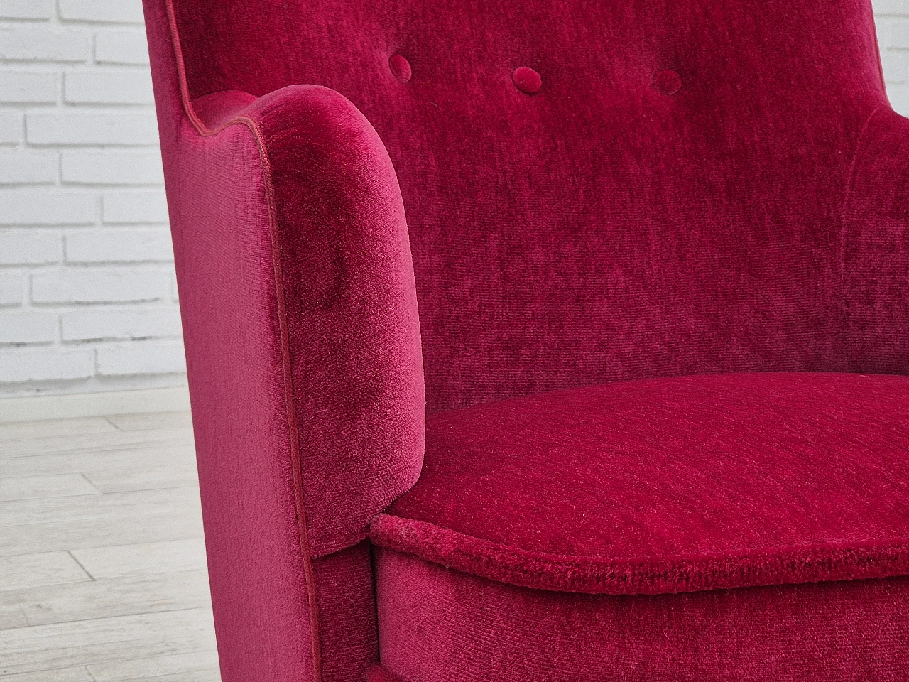 Red velvet danish armchair with fringe, 70s 7