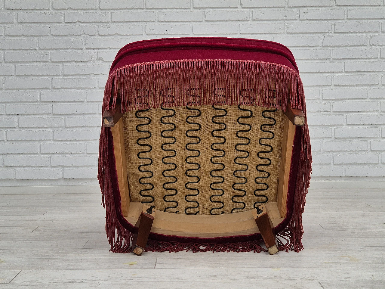 Red velvet danish armchair with fringe, 70s 15