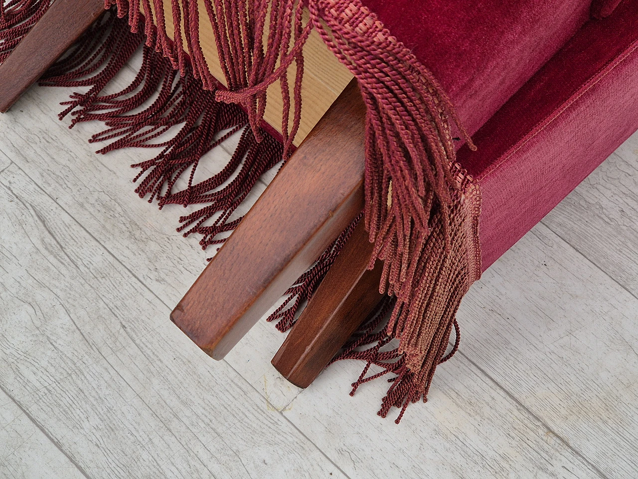 Red velvet danish armchair with fringe, 70s 16