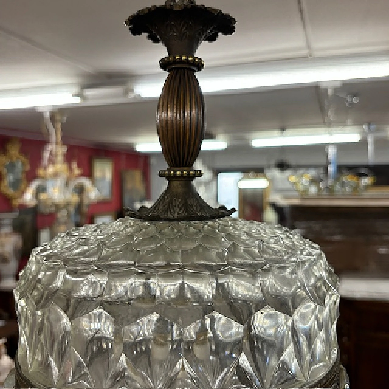 Pendant chandelier in glass and brass, 60s 5