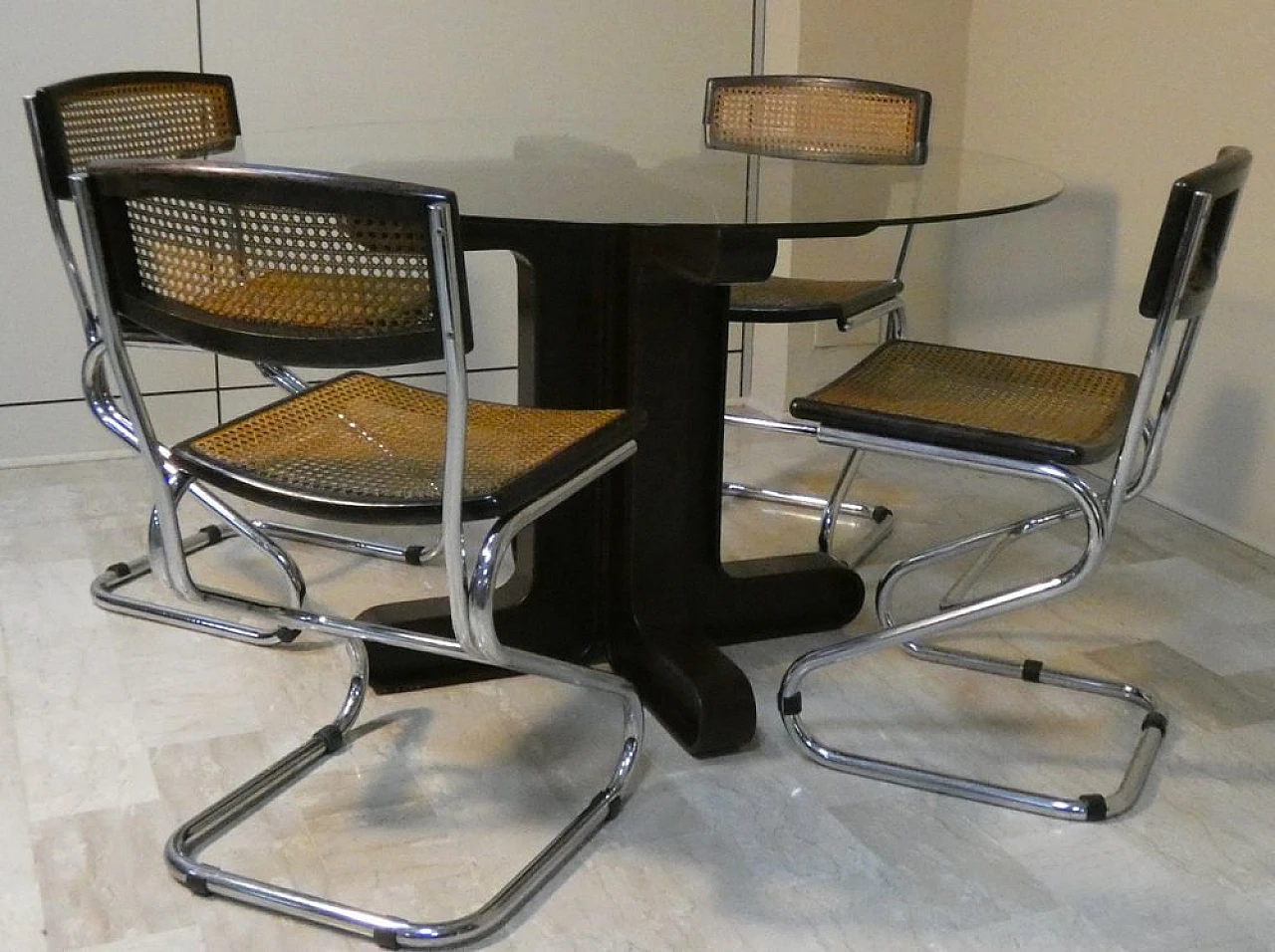 Glass table with 4 Vienna straw and steel chairs, 1970s 1