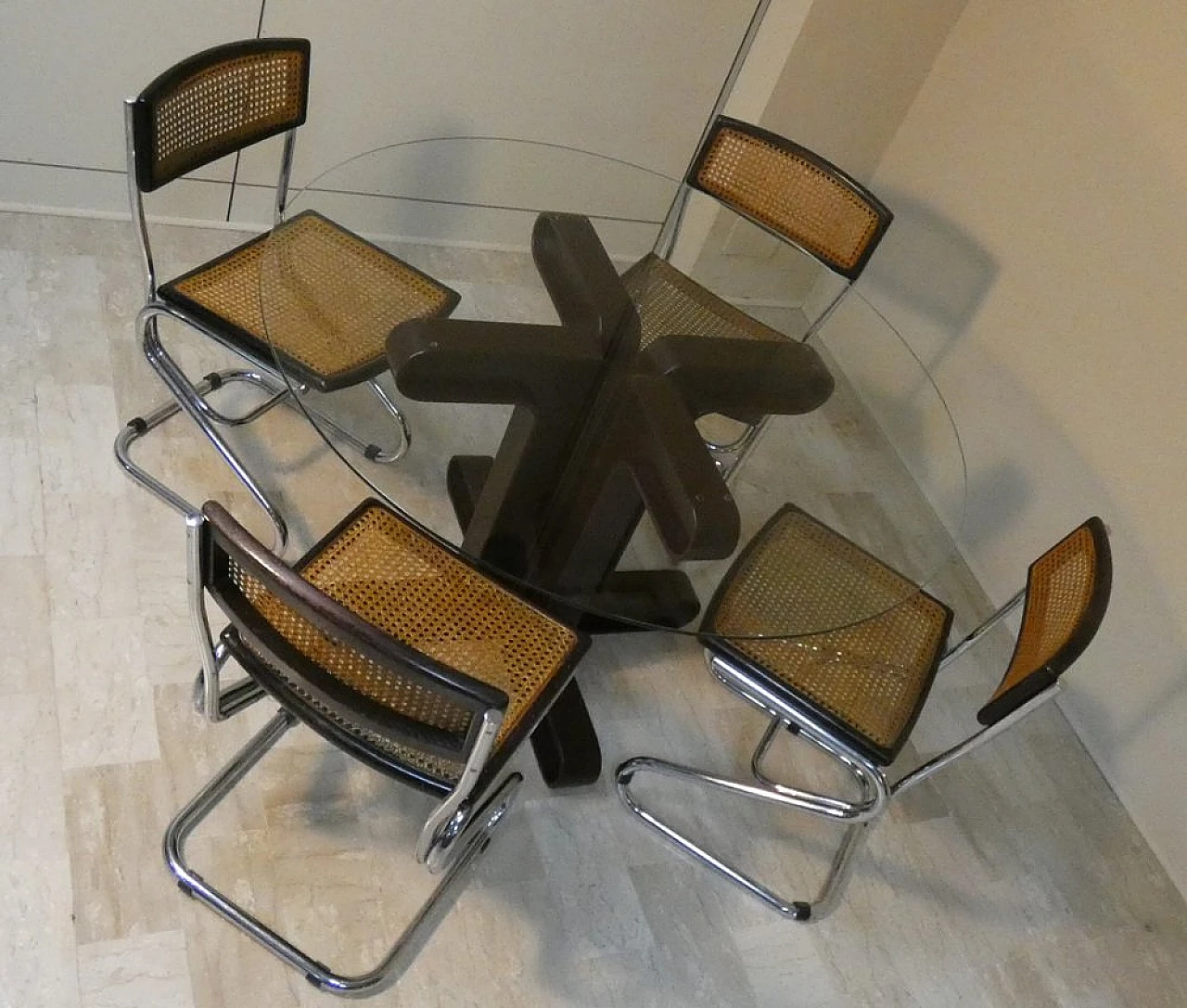 Glass table with 4 Vienna straw and steel chairs, 1970s 18