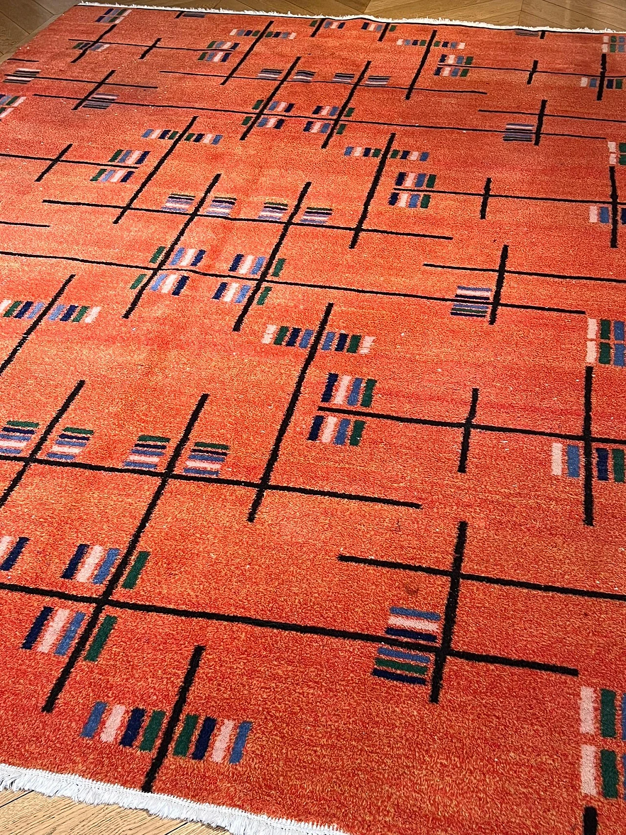 Zeki Muren 1970s orange-colored rug with futurist abstract decorative motifs 5