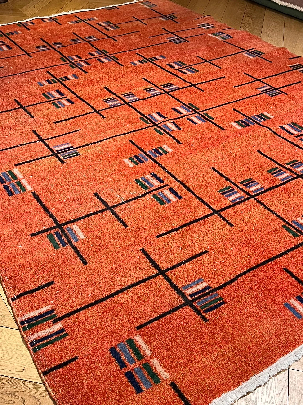 Zeki Muren 1970s orange-colored rug with futurist abstract decorative motifs 6