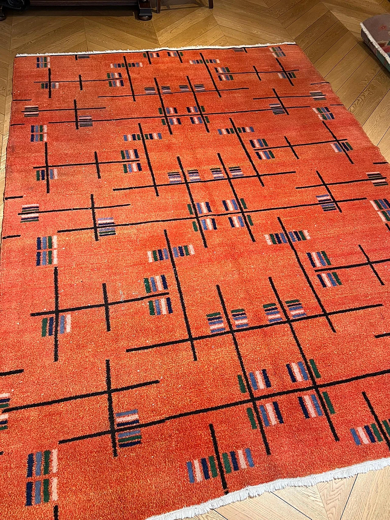 Zeki Muren 1970s orange-colored rug with futurist abstract decorative motifs 7