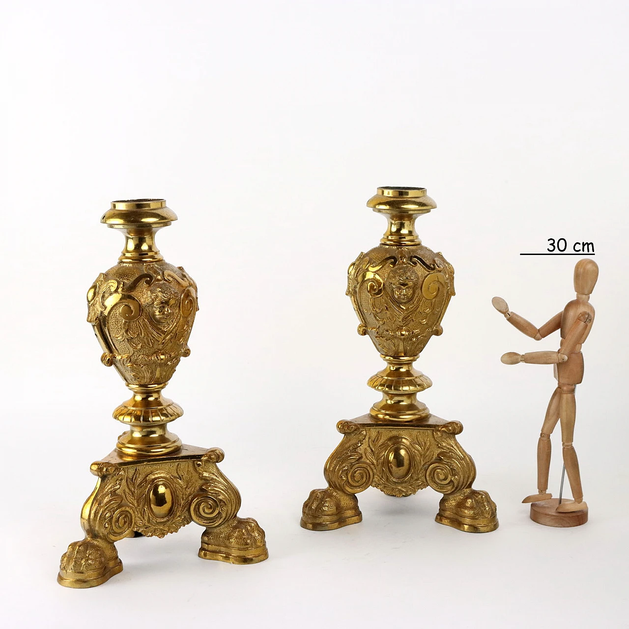 Pair of gilded bronze candle holder bases, 1950s 2