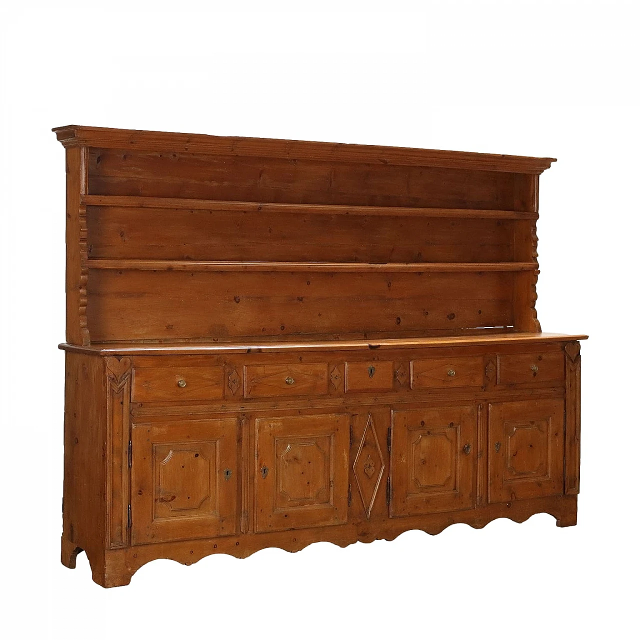 Credenza in pino a doppio corpo con ante, 5 cassetti ed alzate 1