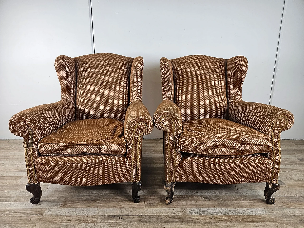 Coppia di poltrone Bergère in tessuto e legno, anni '50 1