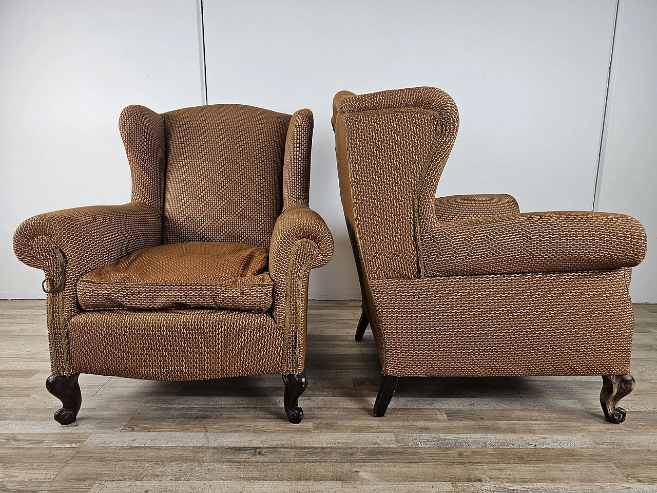 Coppia di poltrone Bergère in tessuto e legno, anni '50 2