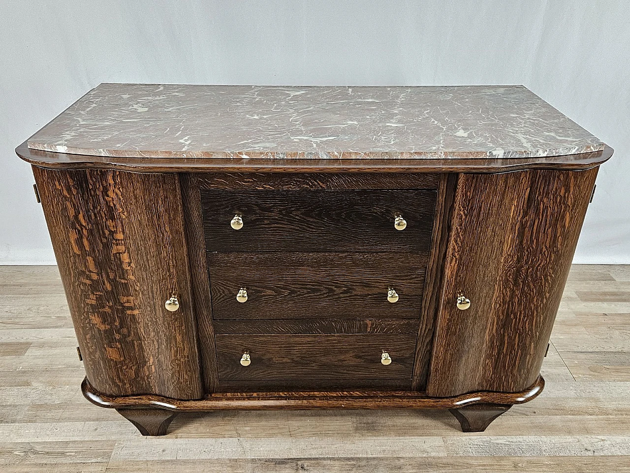 Wooden chest of drawers with red marble top, 1950a 1