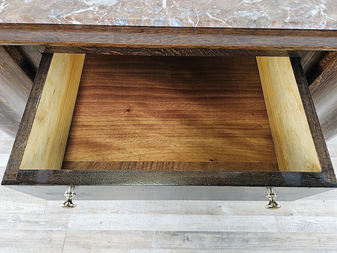 Wooden chest of drawers with red marble top, 1950a 14