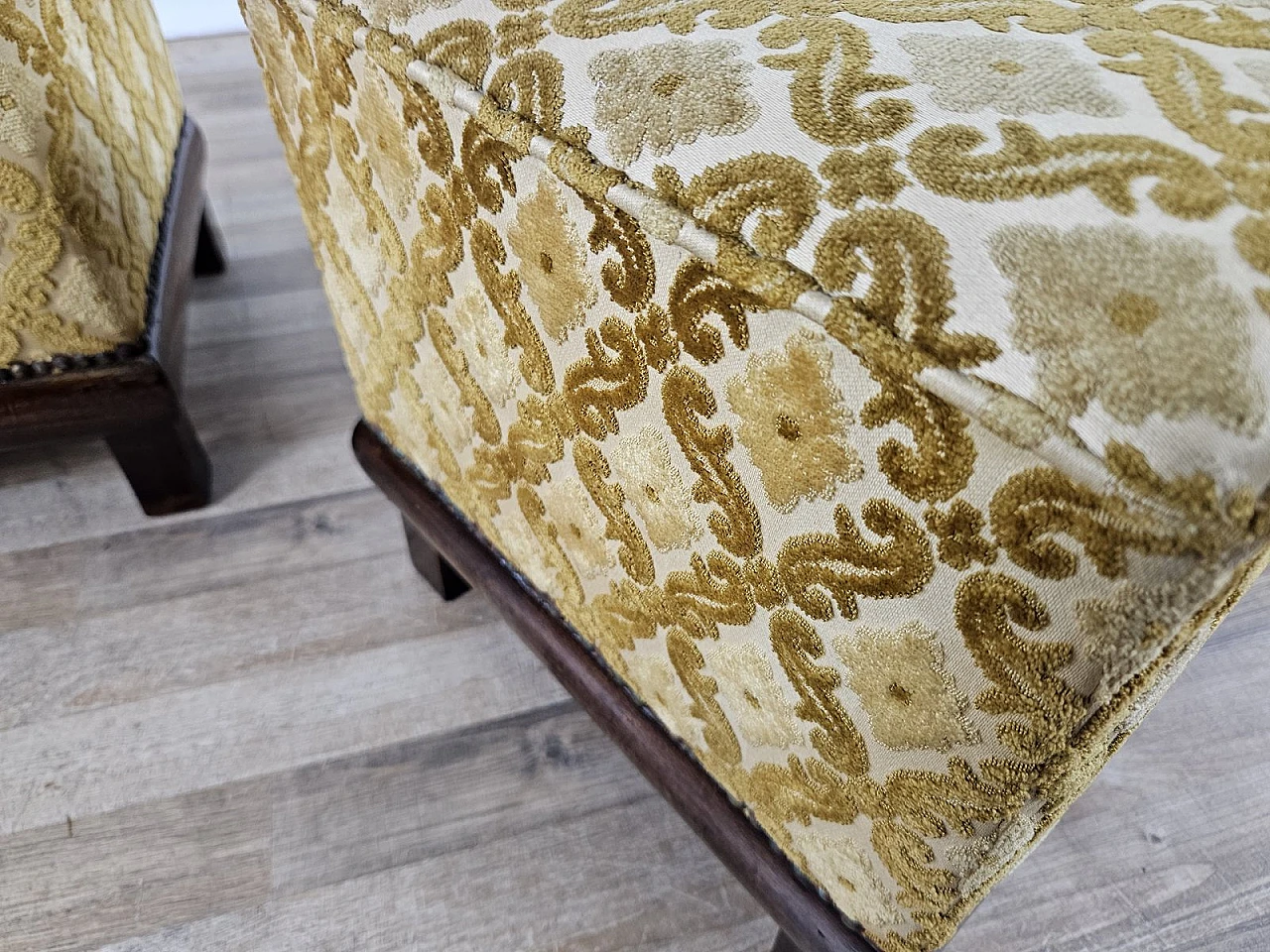 Pair of Art Deco poufs in Upholstered Walnut, 1930s 10