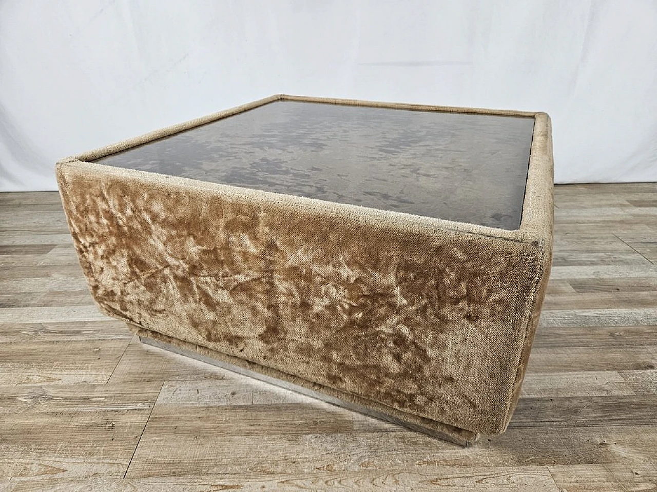 Center table in fabric with glass top and steel edge, 1970s 1