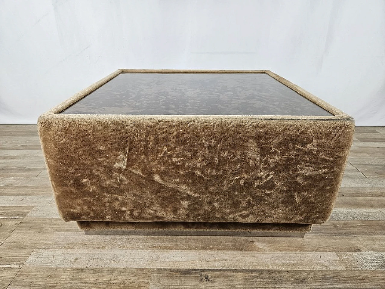 Center table in fabric with glass top and steel edge, 1970s 2