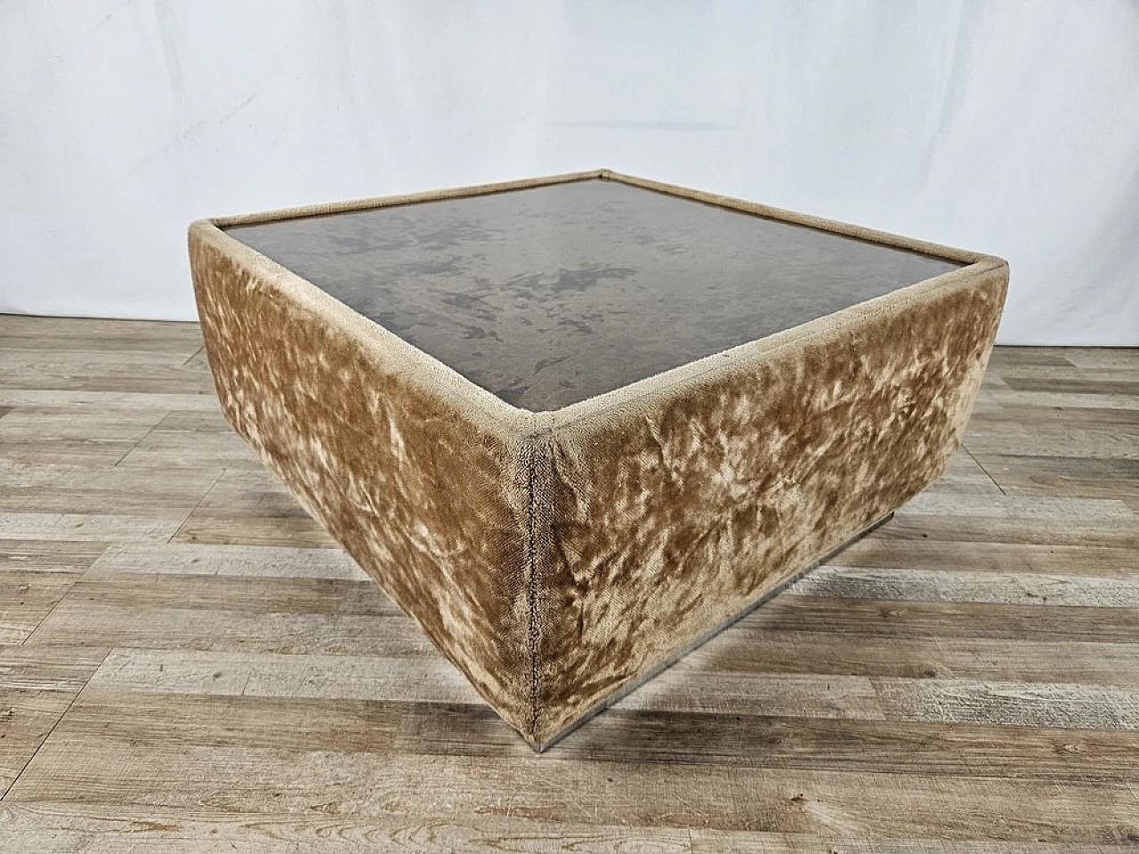 Center table in fabric with glass top and steel edge, 1970s 3