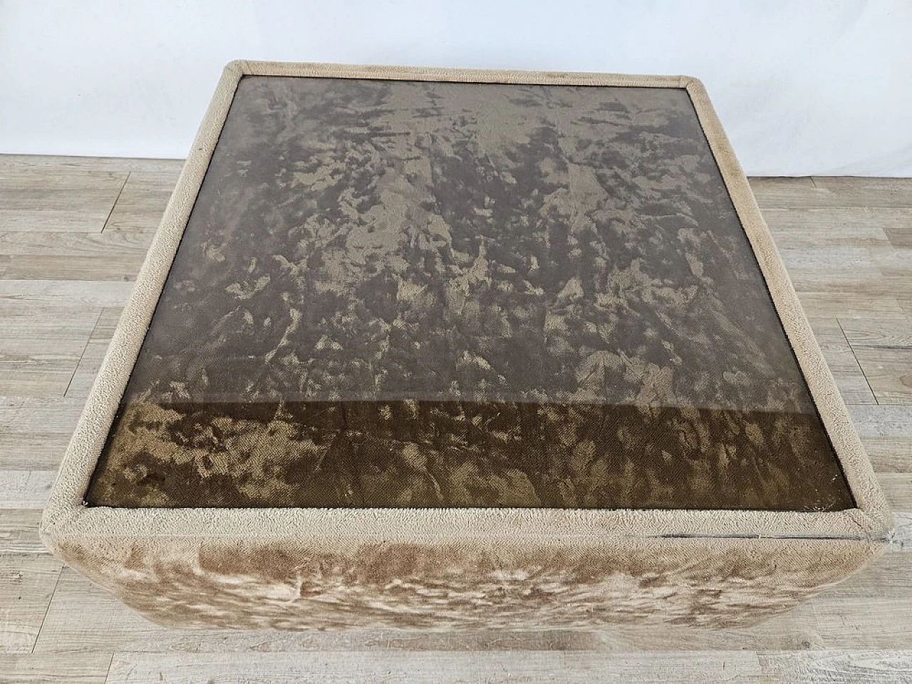 Center table in fabric with glass top and steel edge, 1970s 5