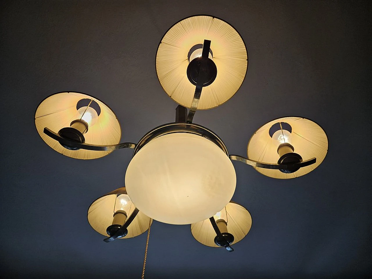 Large Art Deco chandelier in briar, steel and glass, 1930s 4