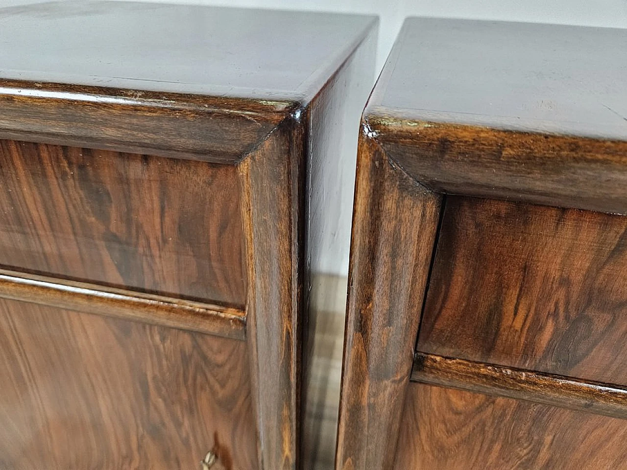 Pair of bedside tables in walnut, 1940s 9