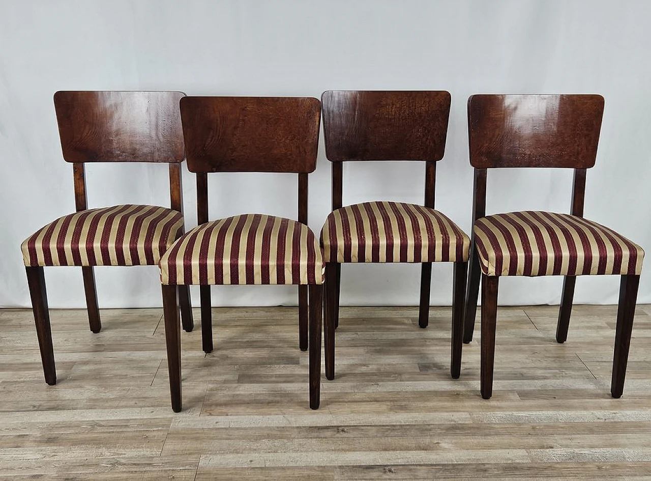 4 Walnut dining chairs with upholstered seat, 1940s 1