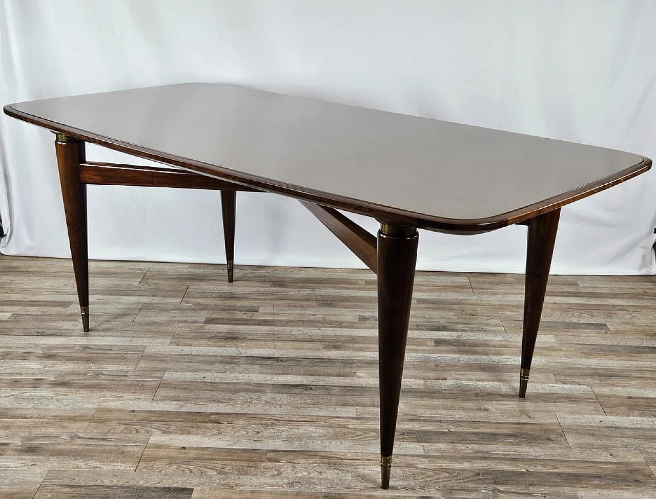 Walnut dining table with glass top and brass decorations, 1940s 1