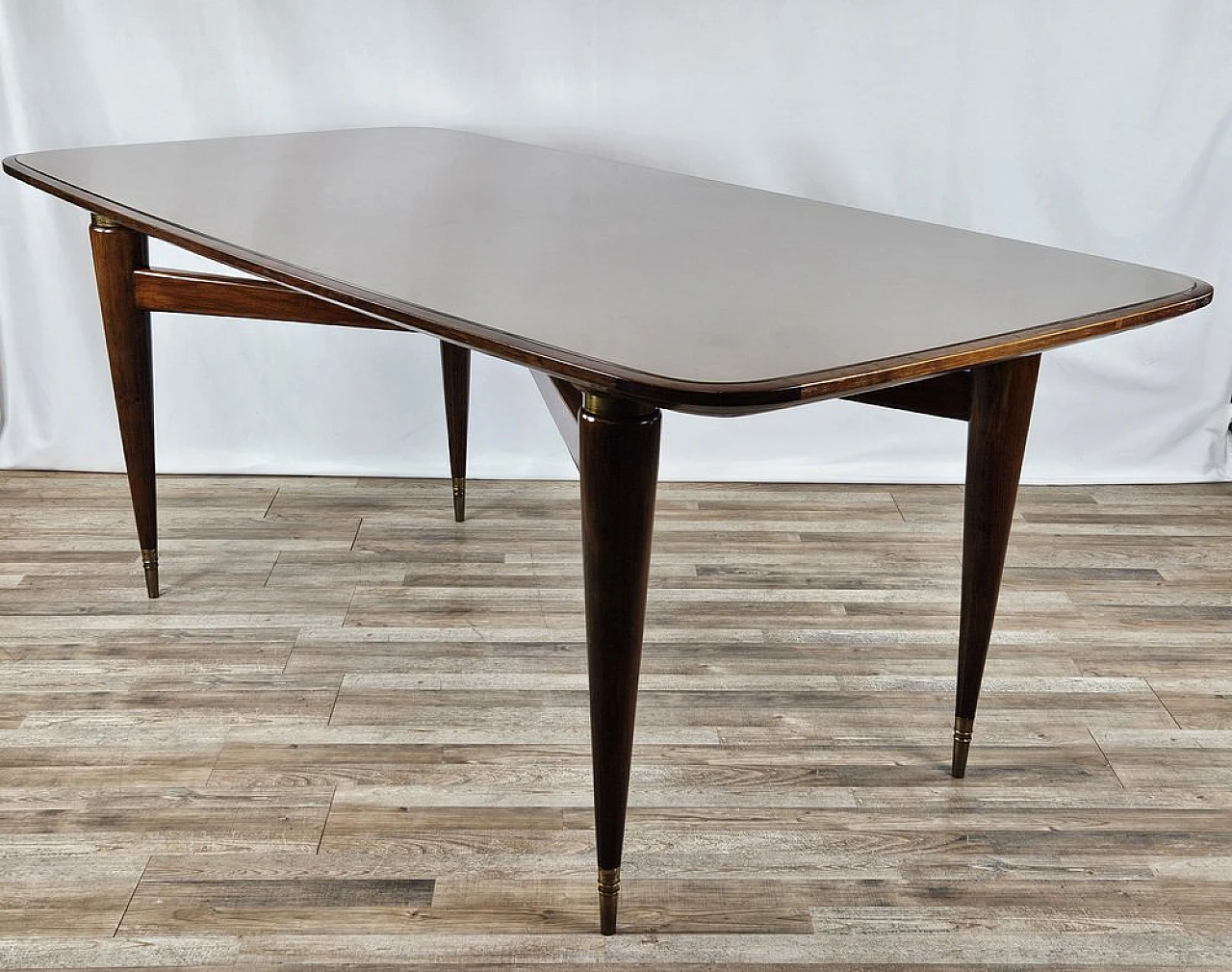 Walnut dining table with glass top and brass decorations, 1940s 2