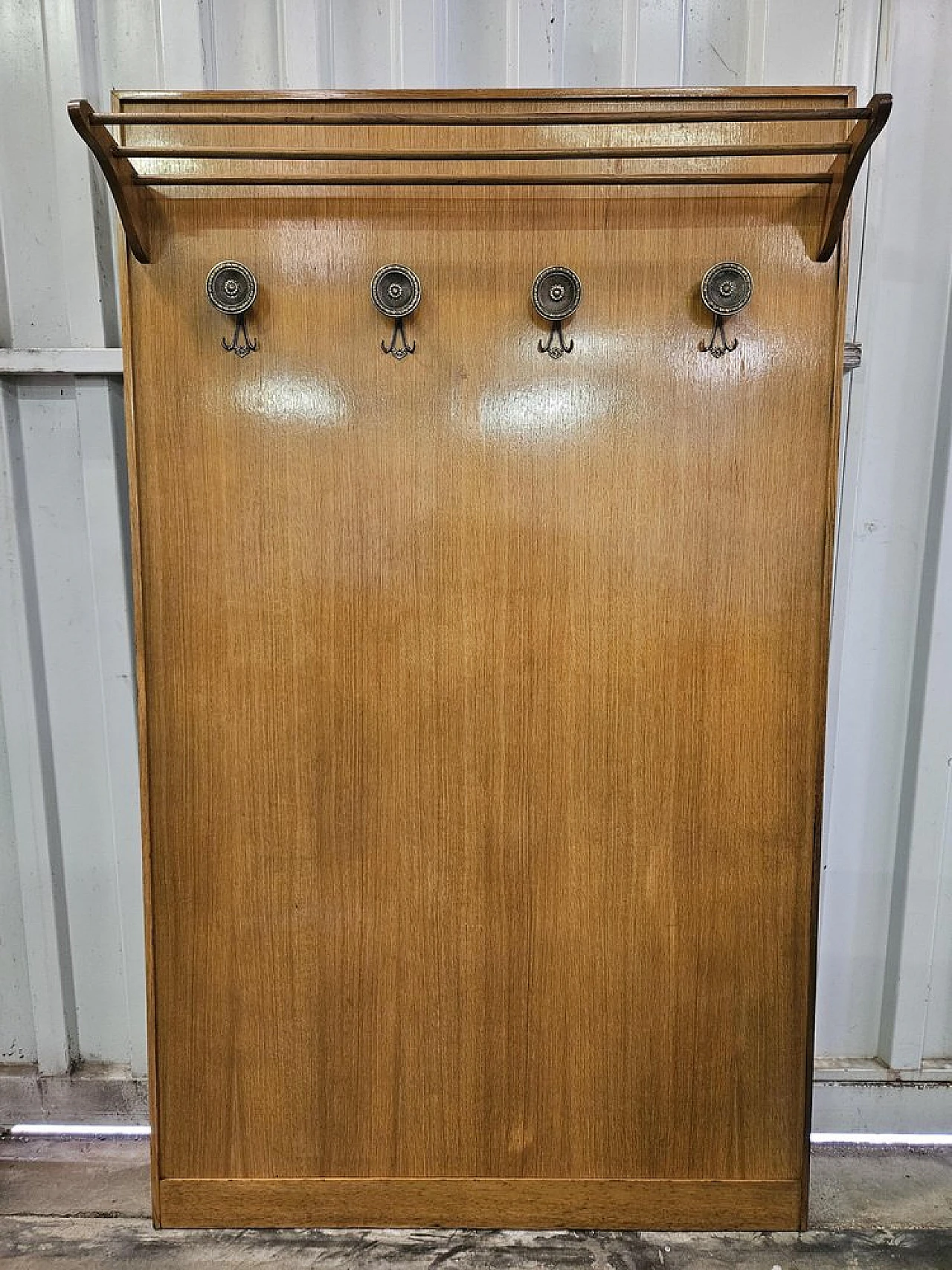 Wooden wall coat hanger with brass hangers, 1950s 2