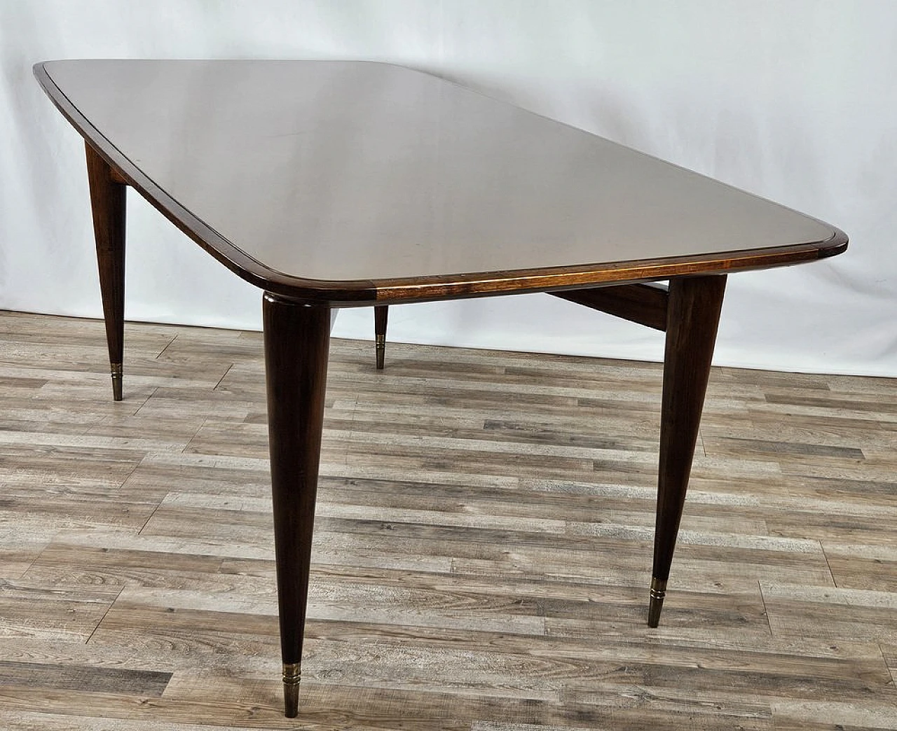 Walnut dining table with glass top and brass decorations, 1940s 3