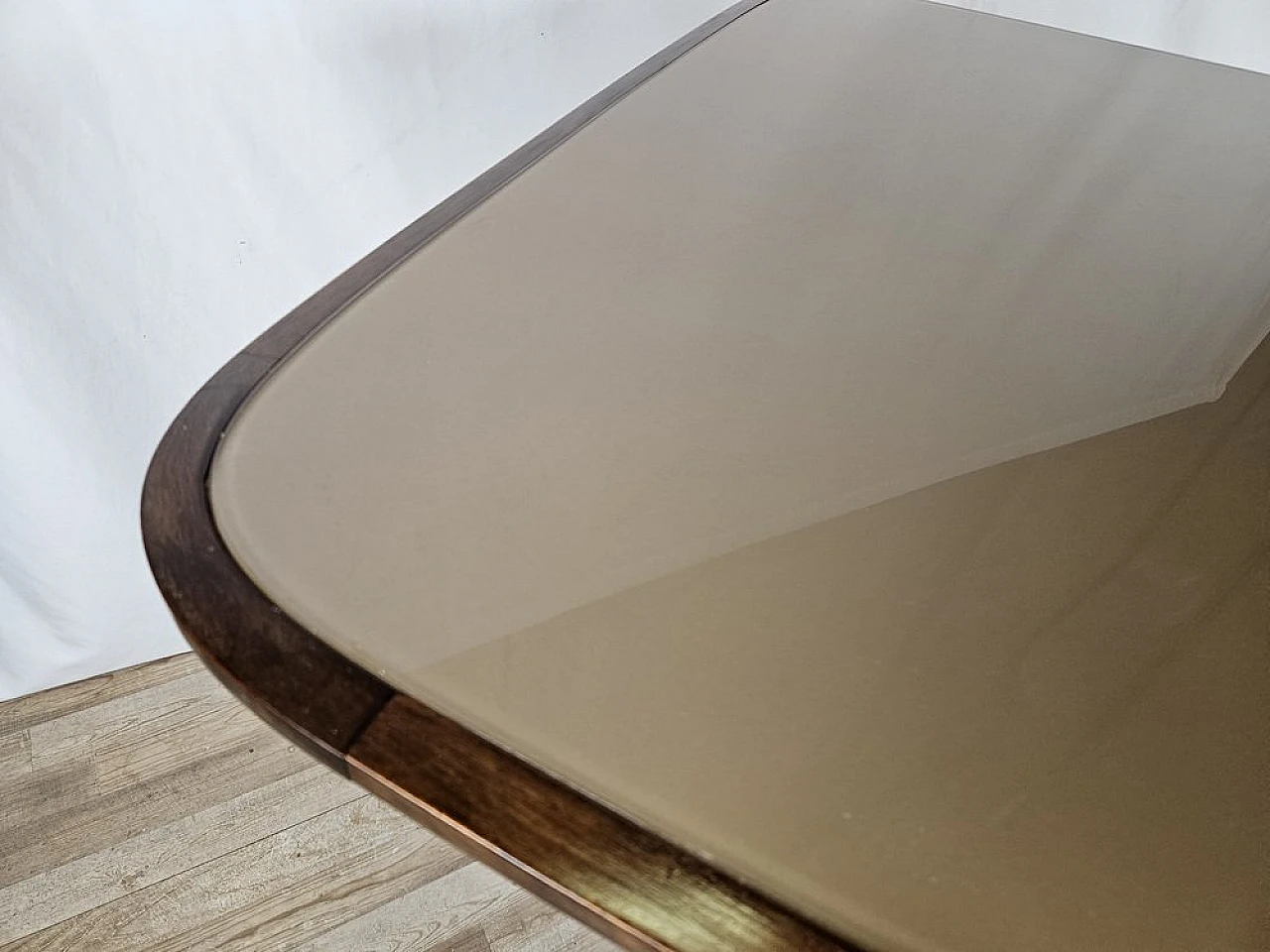 Walnut dining table with glass top and brass decorations, 1940s 4