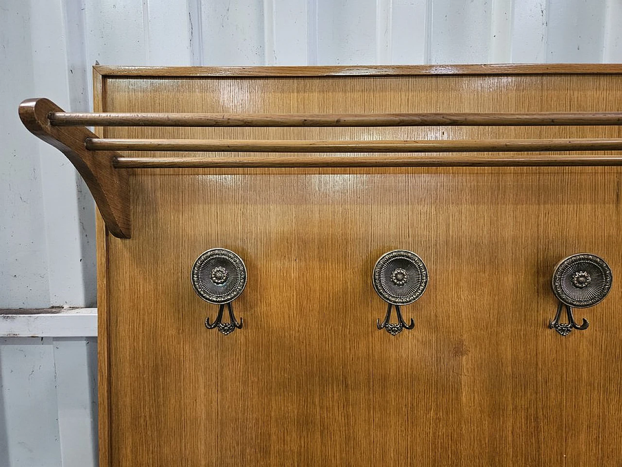 Wooden wall coat hanger with brass hangers, 1950s 3