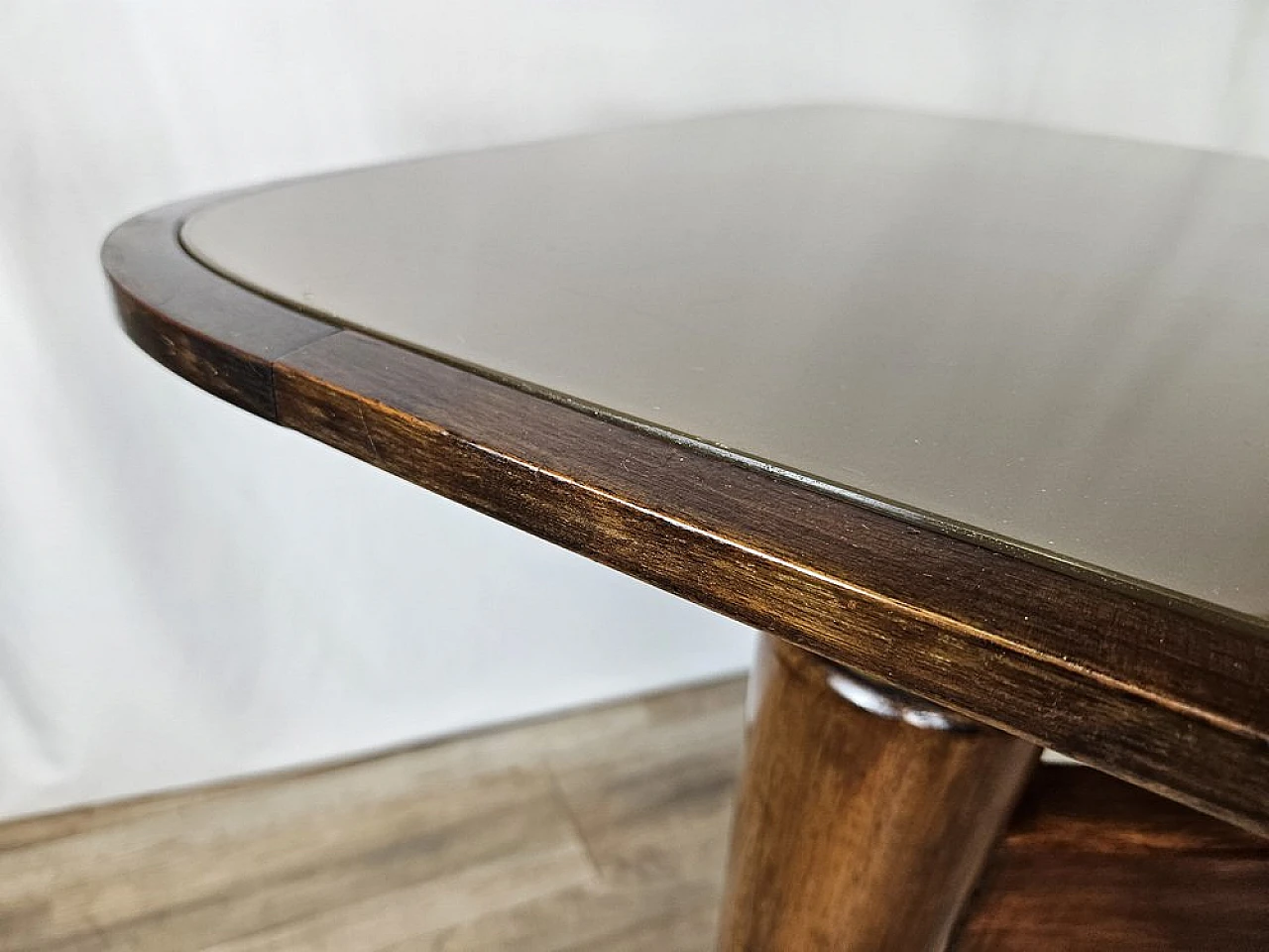 Walnut dining table with glass top and brass decorations, 1940s 5