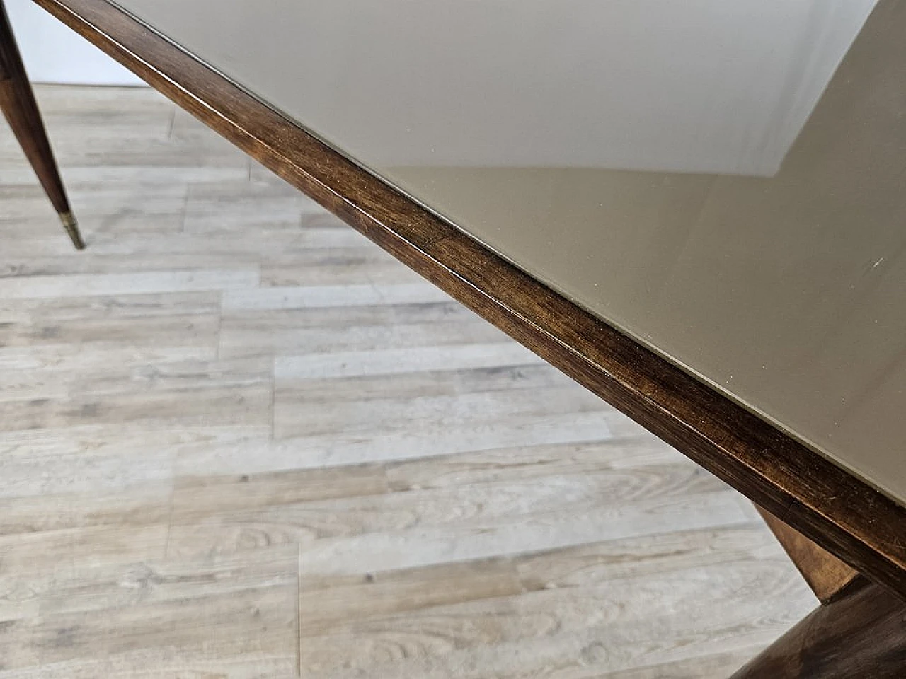 Walnut dining table with glass top and brass decorations, 1940s 6