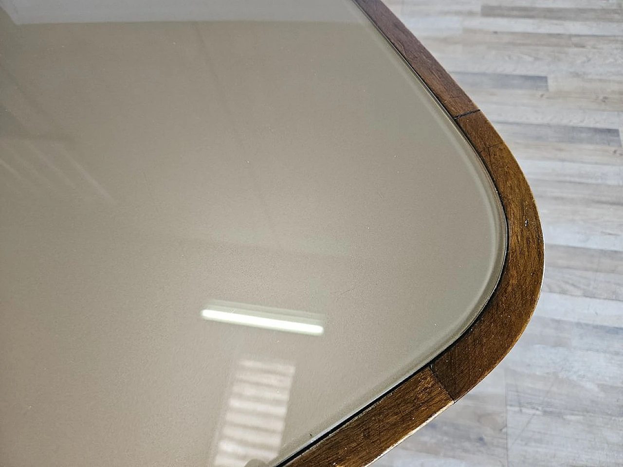 Walnut dining table with glass top and brass decorations, 1940s 8