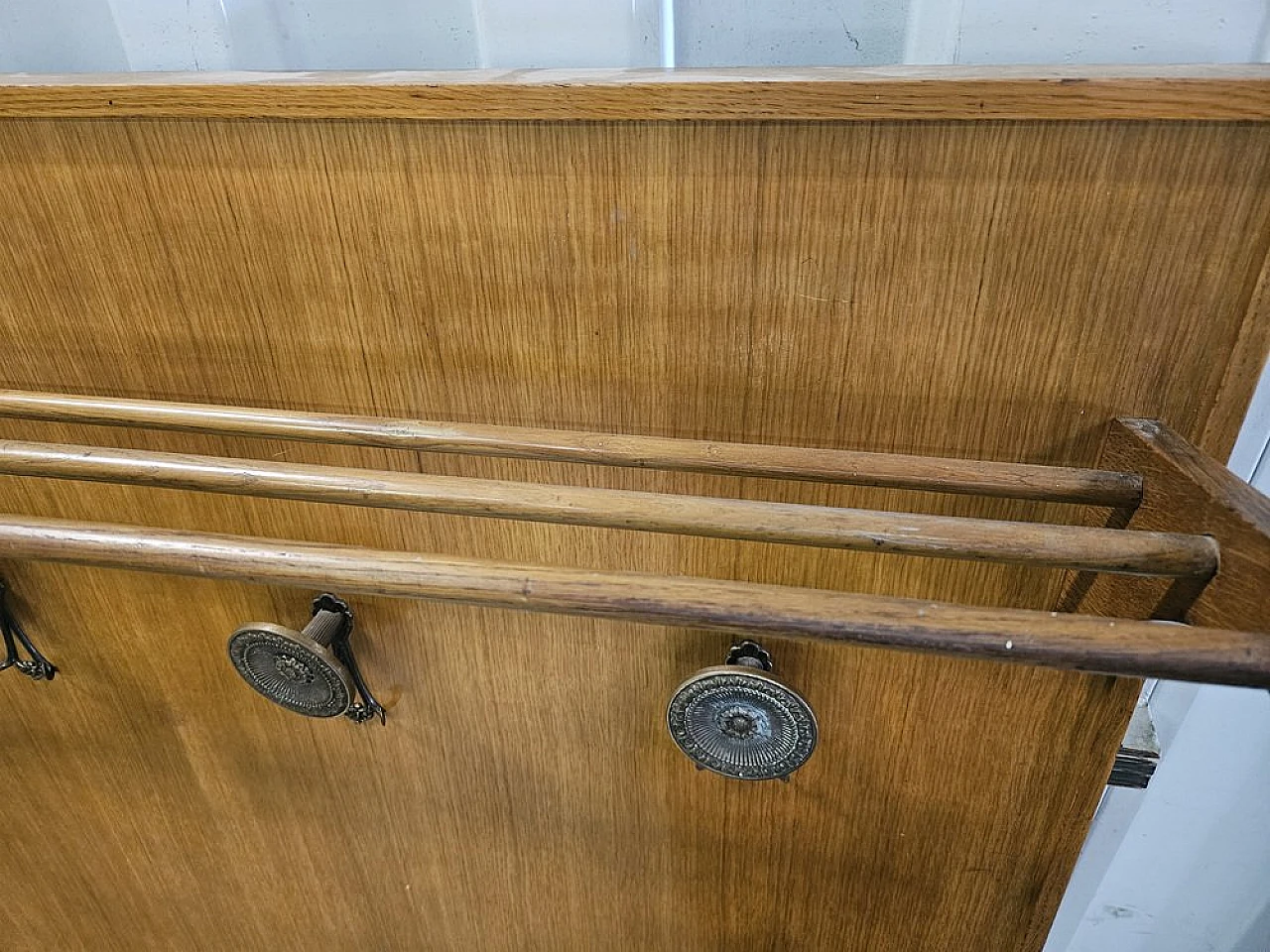 Wooden wall coat hanger with brass hangers, 1950s 8