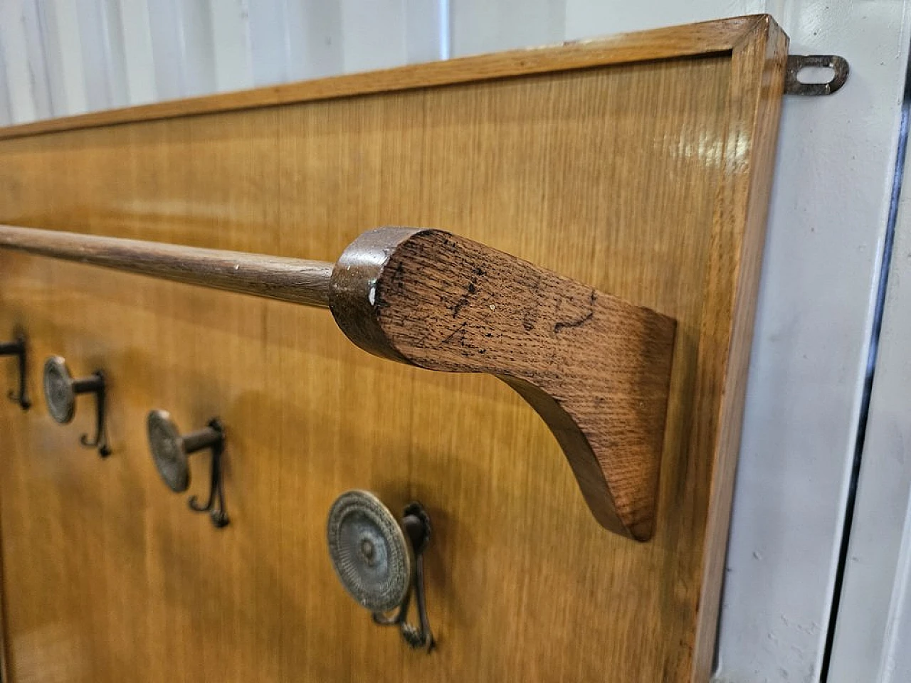 Wooden wall coat hanger with brass hangers, 1950s 9