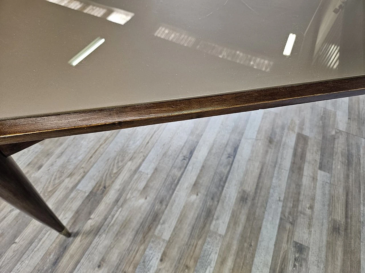 Walnut dining table with glass top and brass decorations, 1940s 12