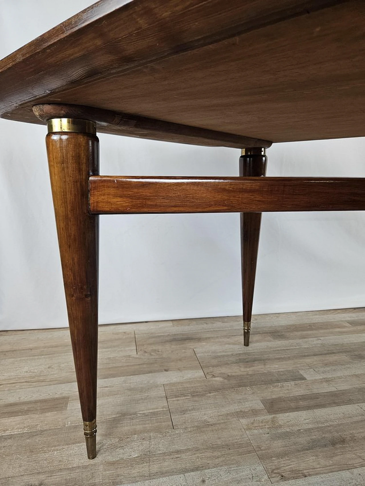 Walnut dining table with glass top and brass decorations, 1940s 13