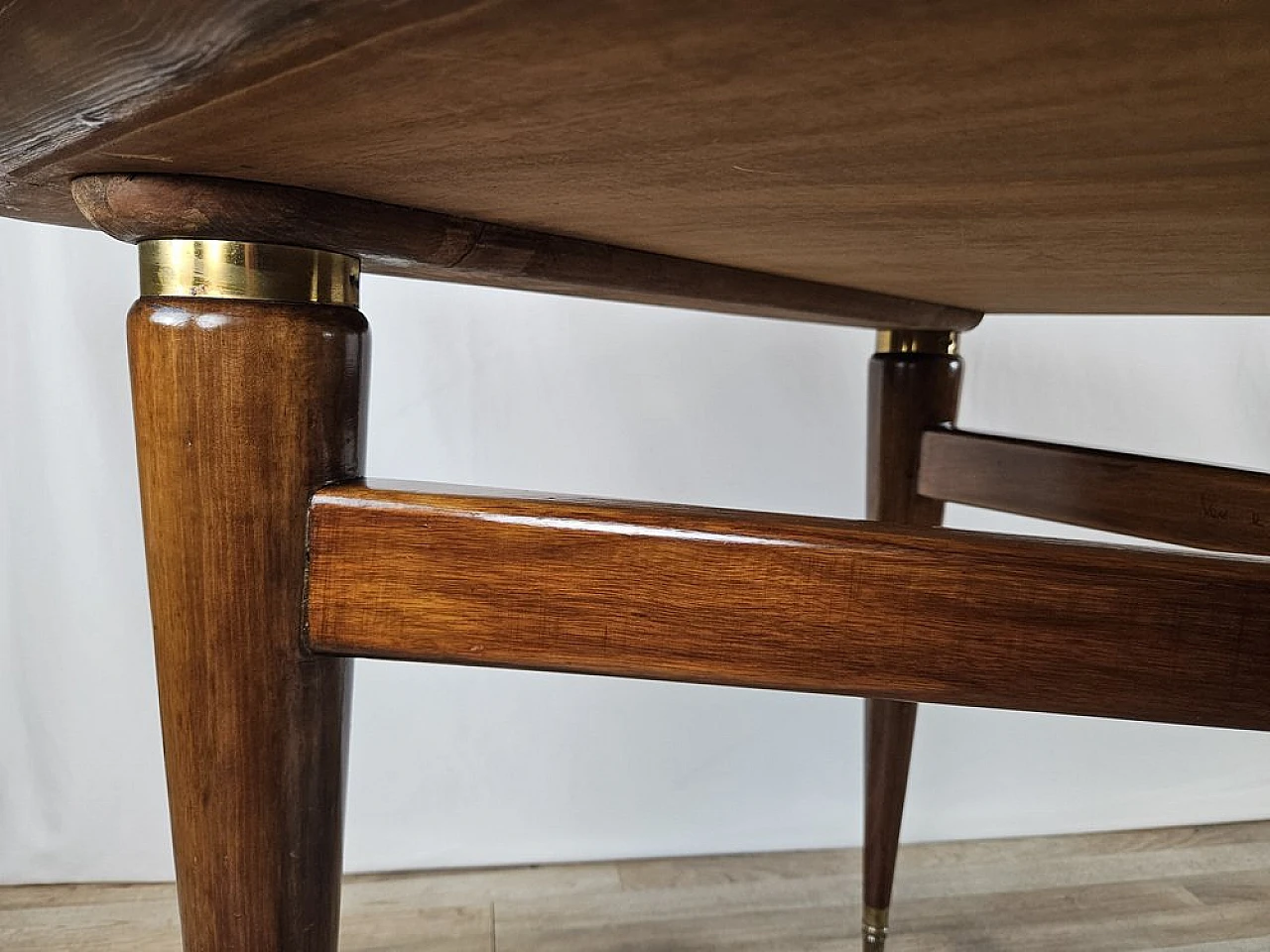 Walnut dining table with glass top and brass decorations, 1940s 14