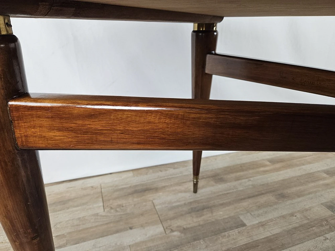 Walnut dining table with glass top and brass decorations, 1940s 15