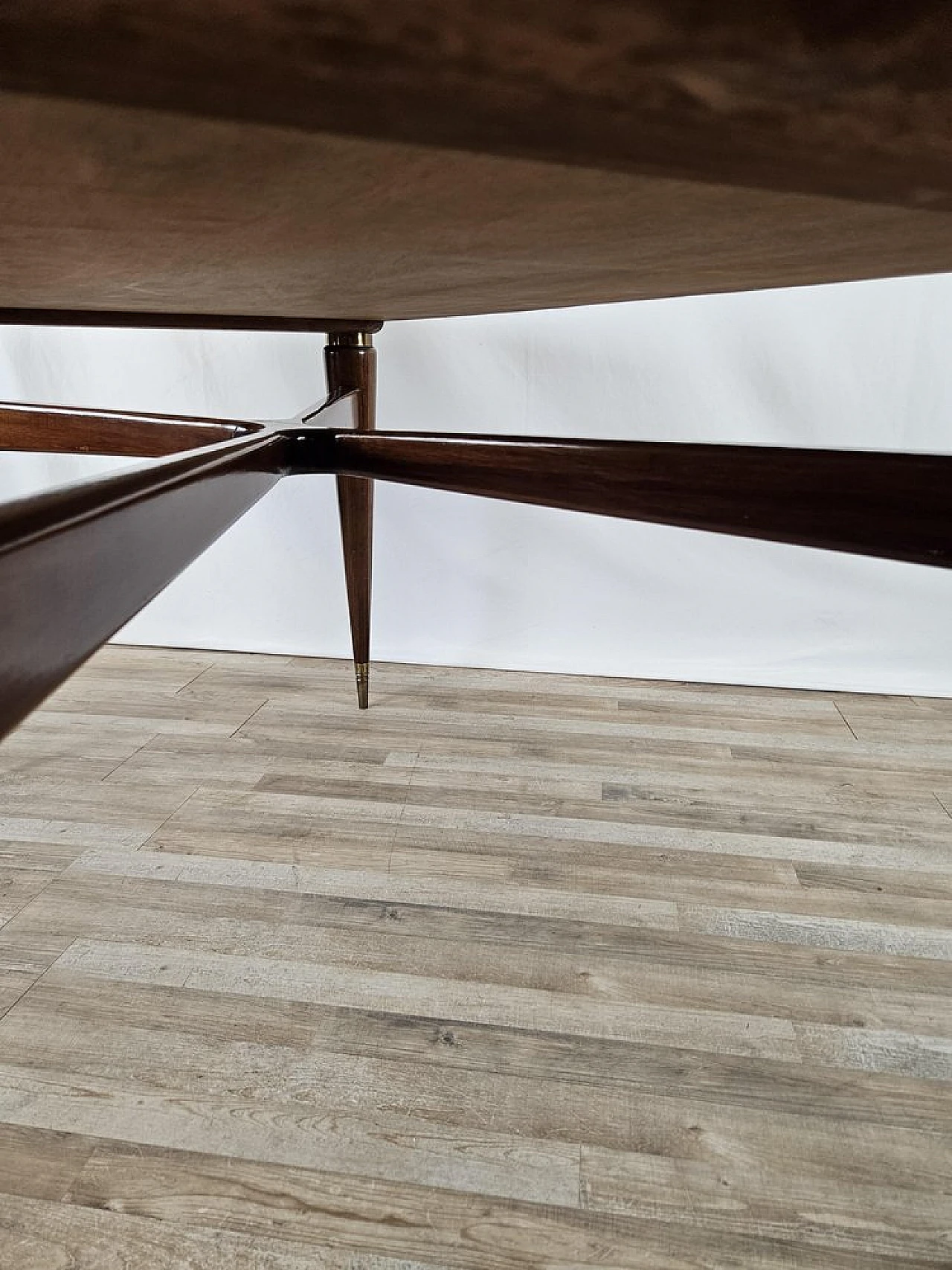 Walnut dining table with glass top and brass decorations, 1940s 17