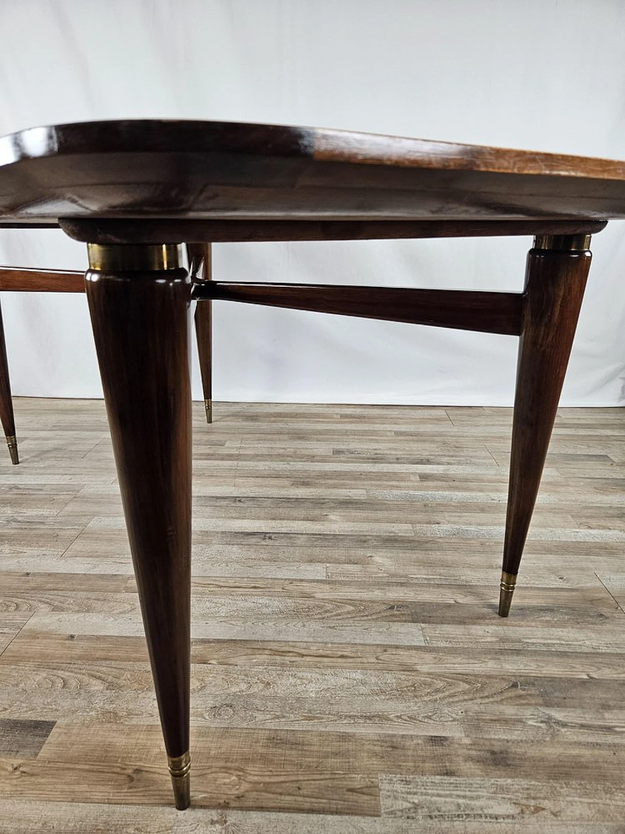 Walnut dining table with glass top and brass decorations, 1940s 18