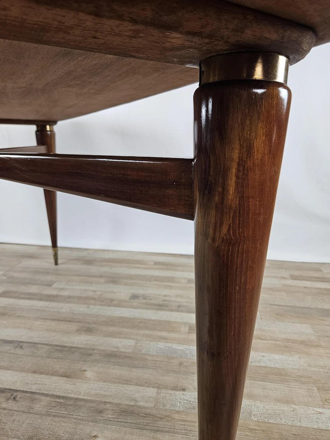 Walnut dining table with glass top and brass decorations, 1940s 19