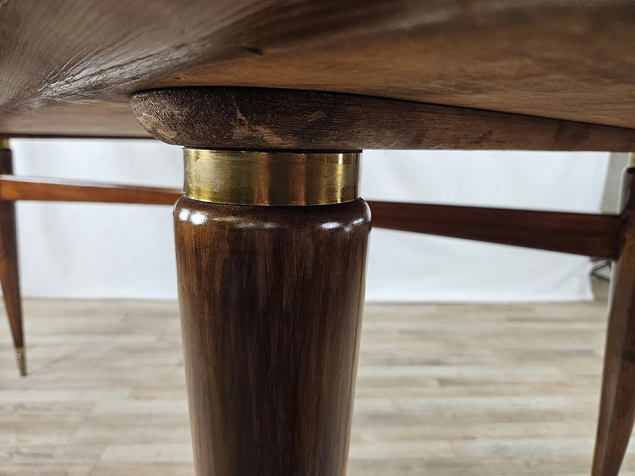 Walnut dining table with glass top and brass decorations, 1940s 20