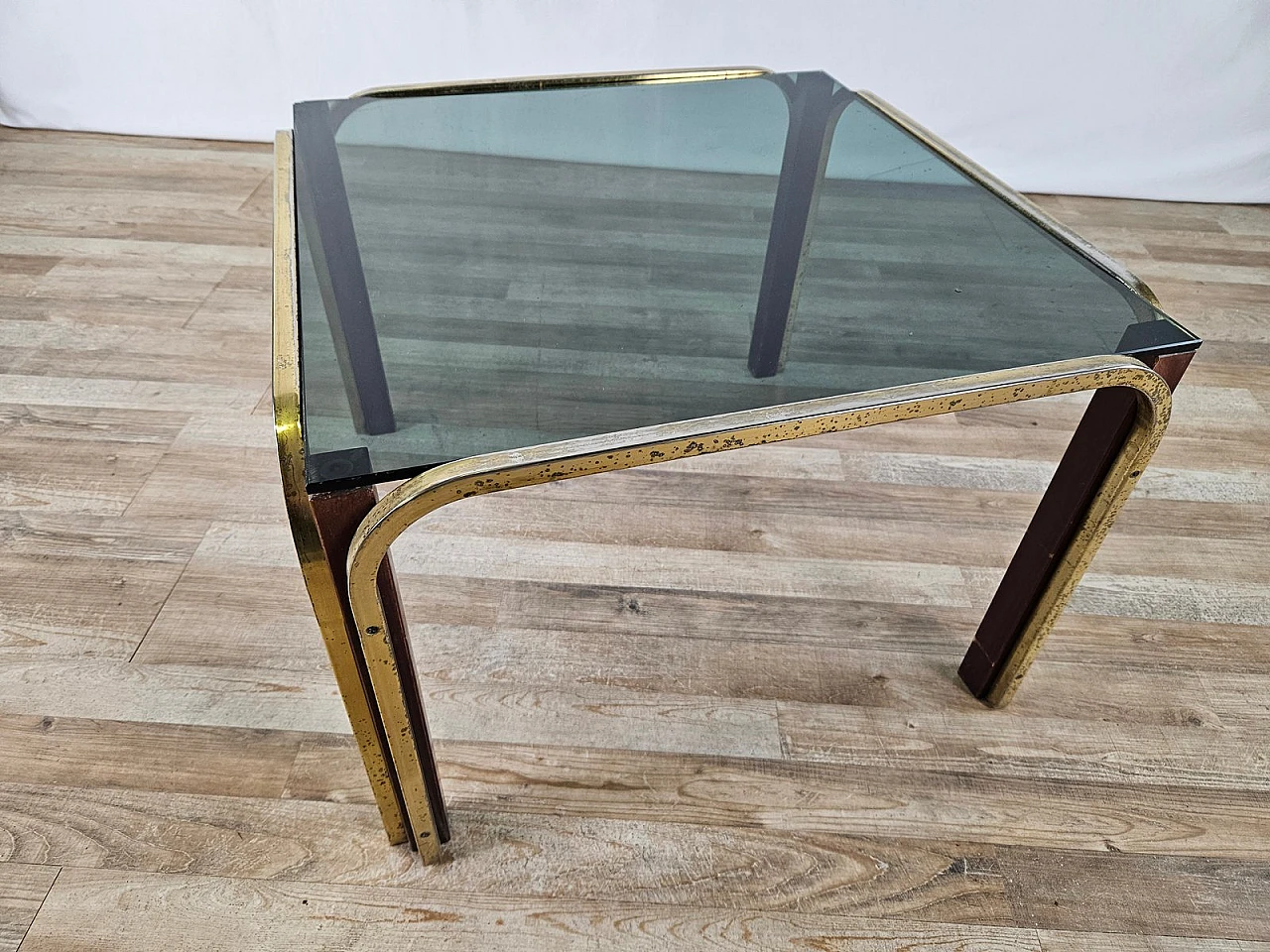 Coffee table in gilded metal and smoked glass, 1970s 1