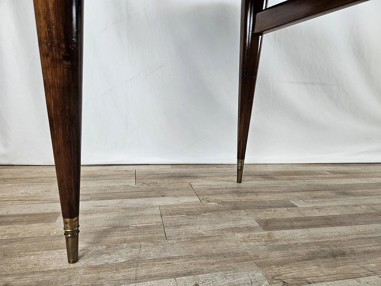 Walnut dining table with glass top and brass decorations, 1940s 21