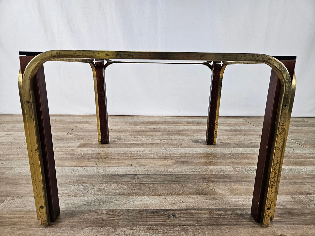 Coffee table in gilded metal and smoked glass, 1970s 2