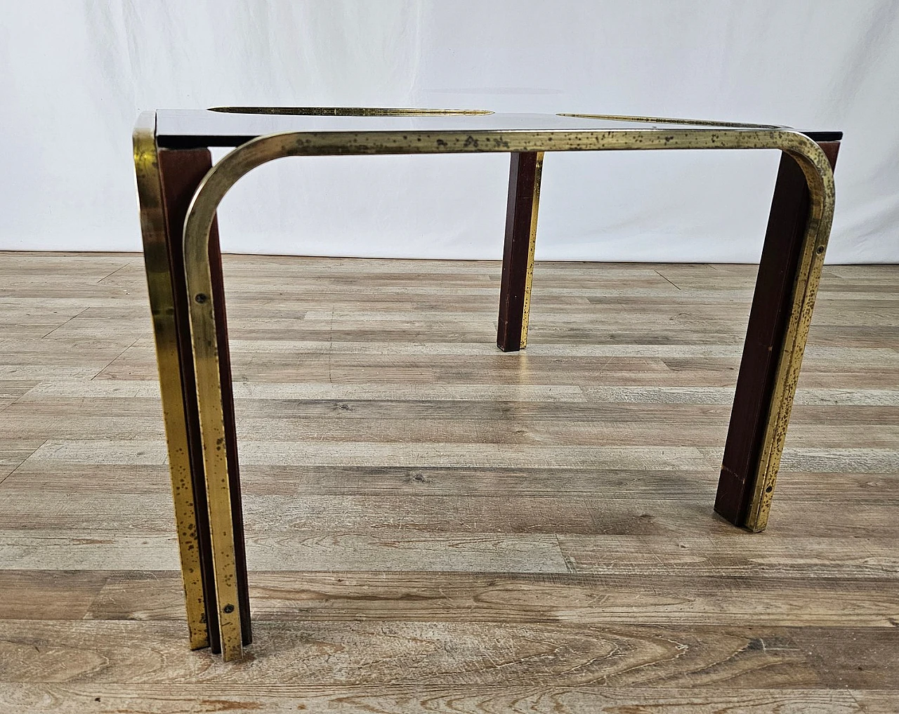 Coffee table in gilded metal and smoked glass, 1970s 3