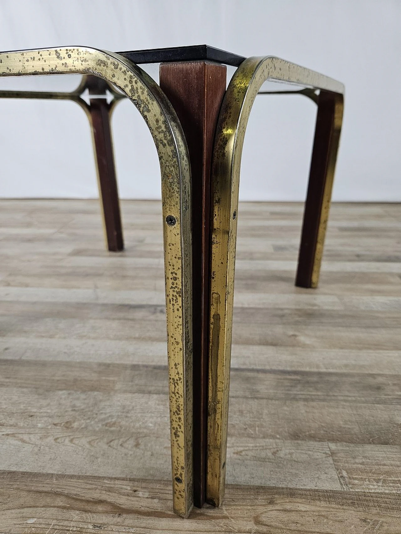 Coffee table in gilded metal and smoked glass, 1970s 4