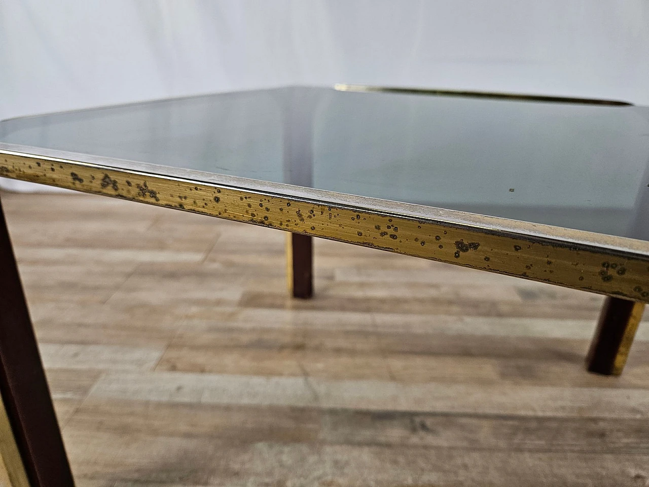 Coffee table in gilded metal and smoked glass, 1970s 5