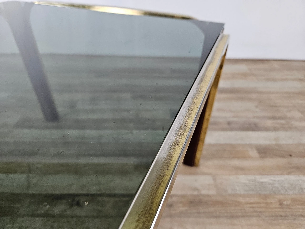 Coffee table in gilded metal and smoked glass, 1970s 6