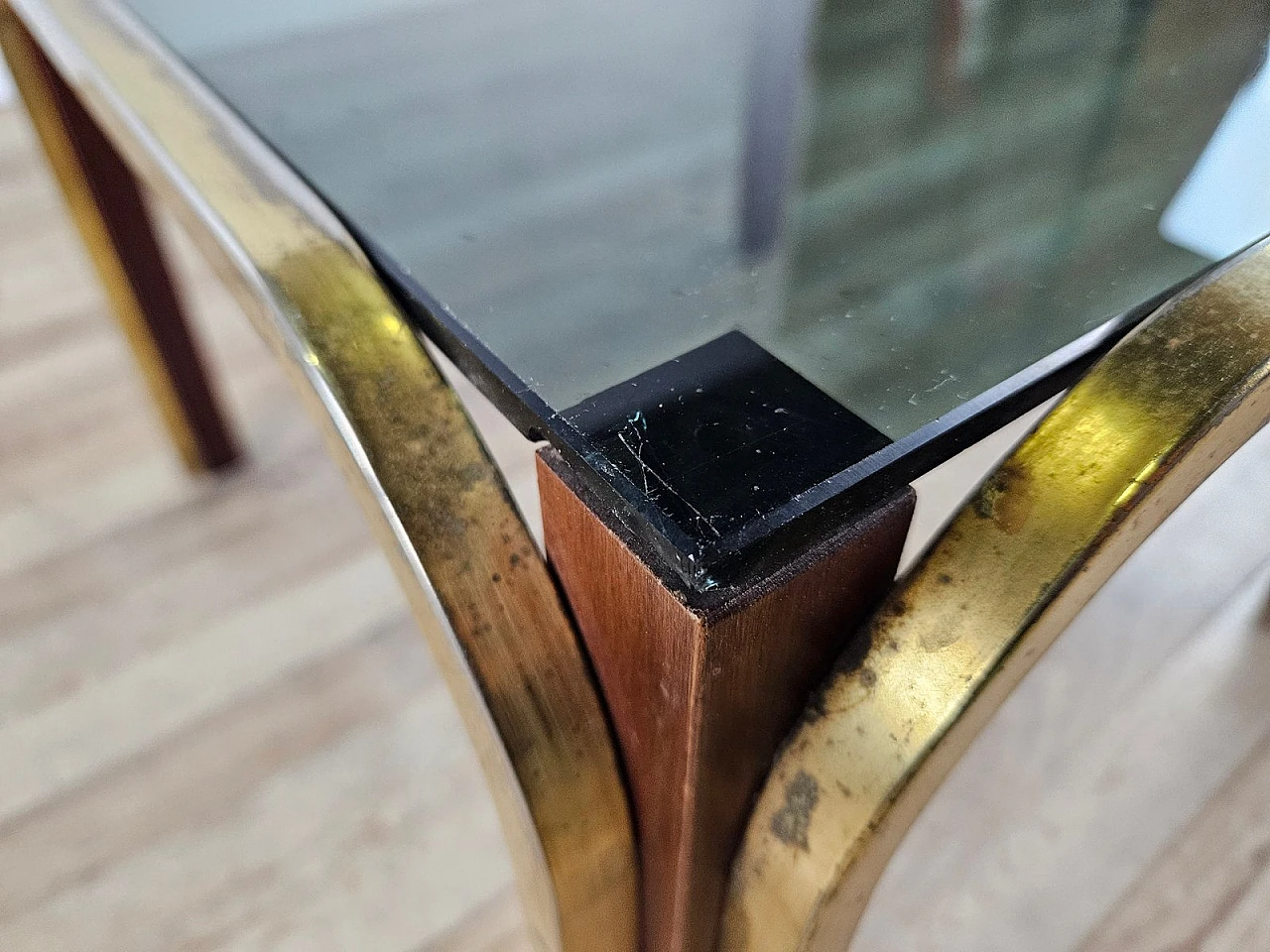 Coffee table in gilded metal and smoked glass, 1970s 7